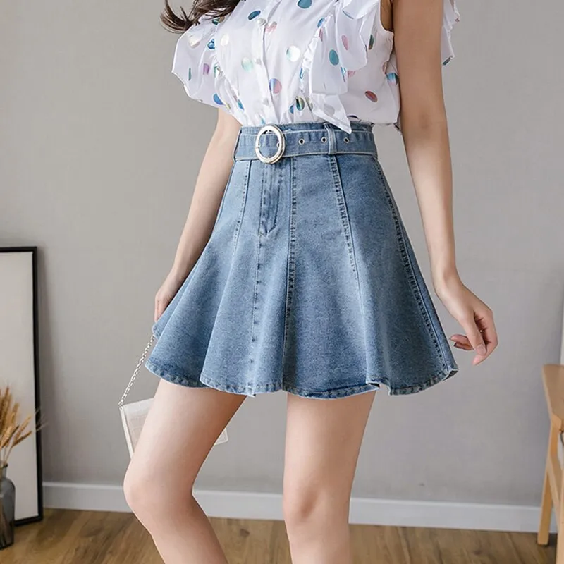 Women Summer Denim Shorts Mini Skirts With Belt Korean Preppy Style Short Jeans Skater Faldas Largas Mujer Modis Jupe