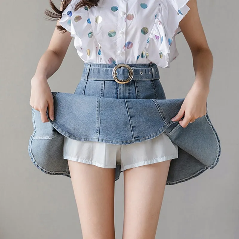 Women Summer Denim Shorts Mini Skirts With Belt Korean Preppy Style Short Jeans Skater Faldas Largas Mujer Modis Jupe