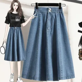 Women Summer Long Maxi Skirts Vintage Casual Loose Faldas High Waist Denim Jean Party Skirt