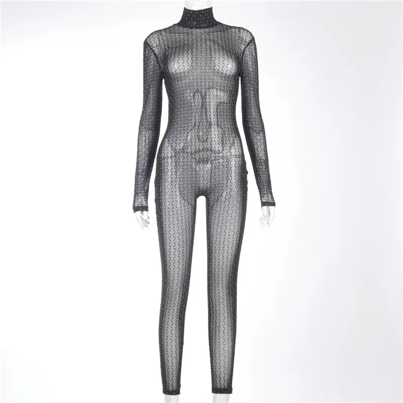 Women's Dot Plaid Mesh See-Through Turtleneck Long Sleeve Zipper Jumpsuit