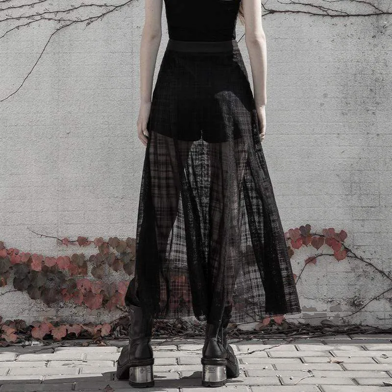 Women's Grunge Side Slit Lacing Plaid Chiffon Maxi Skirts