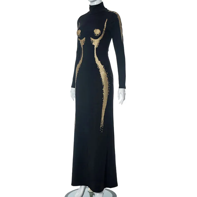 Women's Metallic 3D Body Print Turtleneck Long Sleeve Maxi Dress