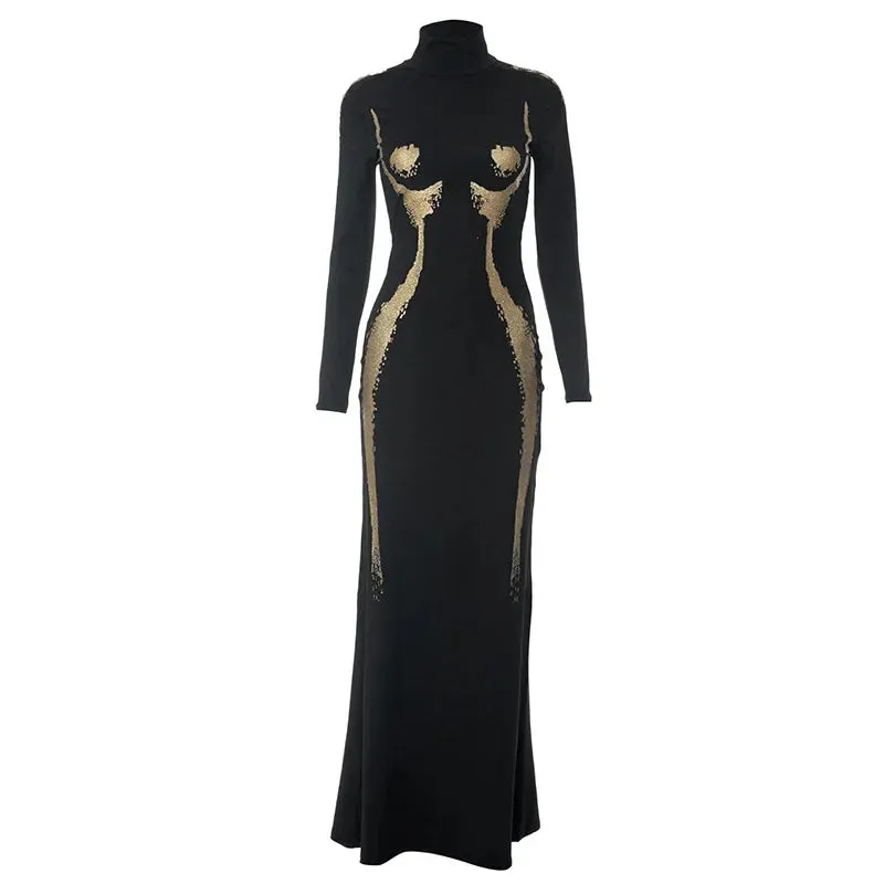 Women's Metallic 3D Body Print Turtleneck Long Sleeve Maxi Dress