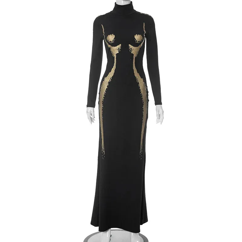 Women's Metallic 3D Body Print Turtleneck Long Sleeve Maxi Dress