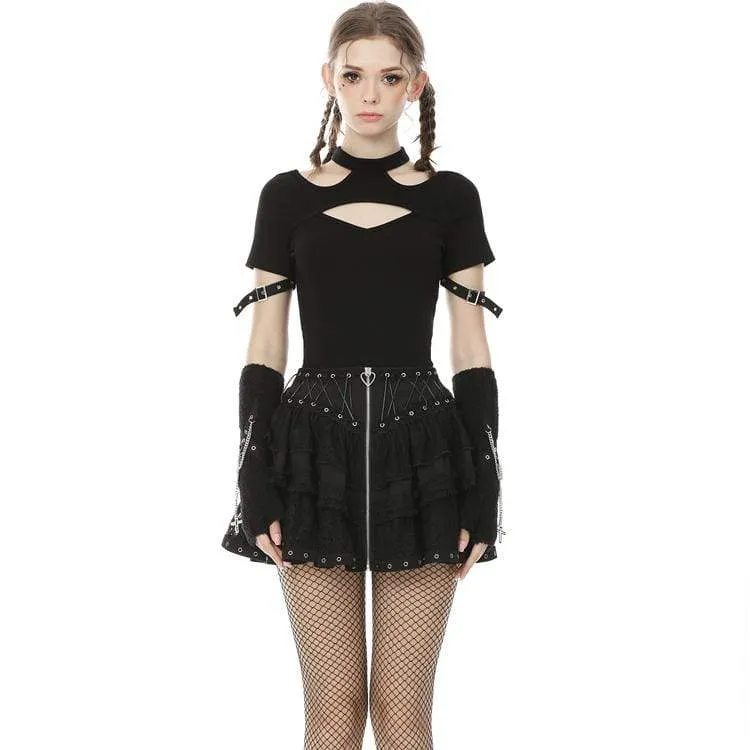 Women's Punk Front Zip Multi-layer Lace Mini Skirts