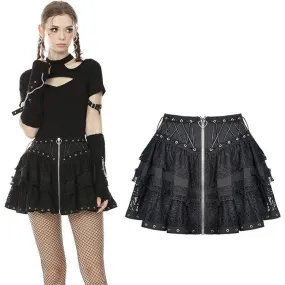 Women's Punk Front Zip Multi-layer Lace Mini Skirts