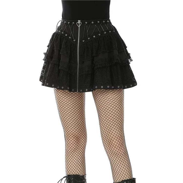 Women's Punk Front Zip Multi-layer Lace Mini Skirts