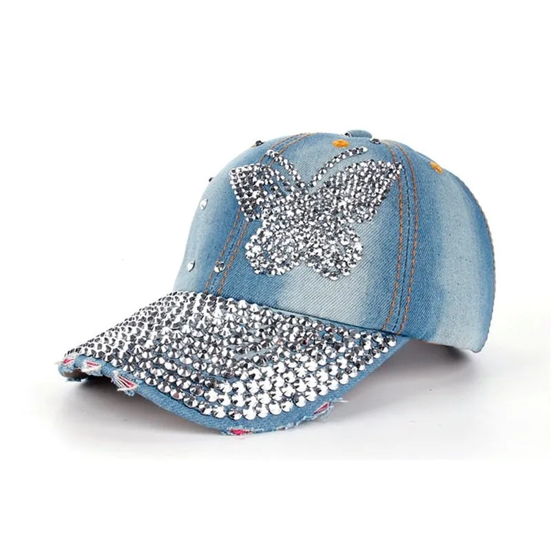 Women's Rhinestone Bling Beauty Snapback Denim Baseball Caps