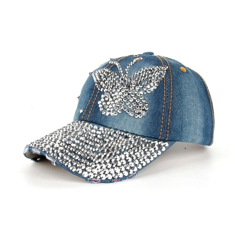 Women's Rhinestone Bling Beauty Snapback Denim Baseball Caps