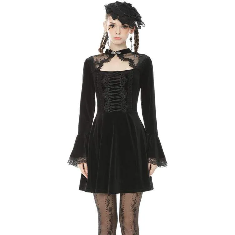 Women's Vintage Gothic Cutout Lacing Velet Dresses with Lace Sleeves