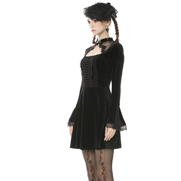 Women's Vintage Gothic Cutout Lacing Velet Dresses with Lace Sleeves