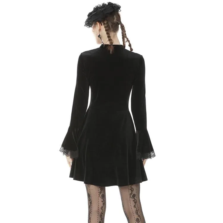 Women's Vintage Gothic Cutout Lacing Velet Dresses with Lace Sleeves