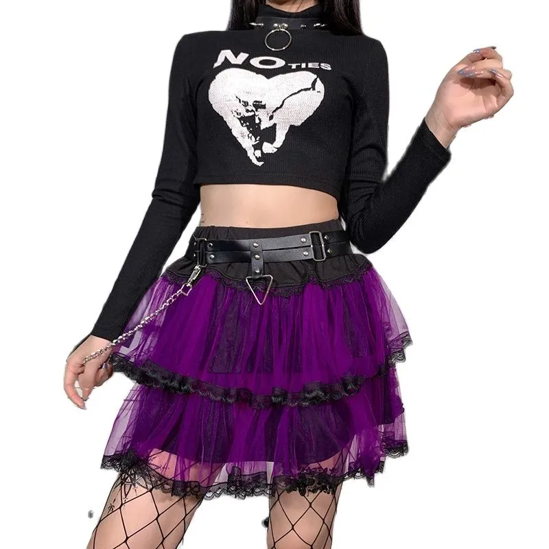 Y2k Mall Goth Punk Purple Mesh Mini Skirts Ruffle Cake Sexy Alt Clothes Hot E Gril High Waist Kawaii Pleated Skirt Streetwear