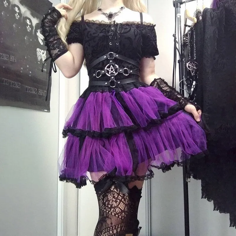 Y2k Mall Goth Punk Purple Mesh Mini Skirts Ruffle Cake Sexy Alt Clothes Hot E Gril High Waist Kawaii Pleated Skirt Streetwear