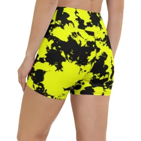 Yellow and Black Paint Splatter Rave Ready Yoga Shorts w/ Inside Pocket