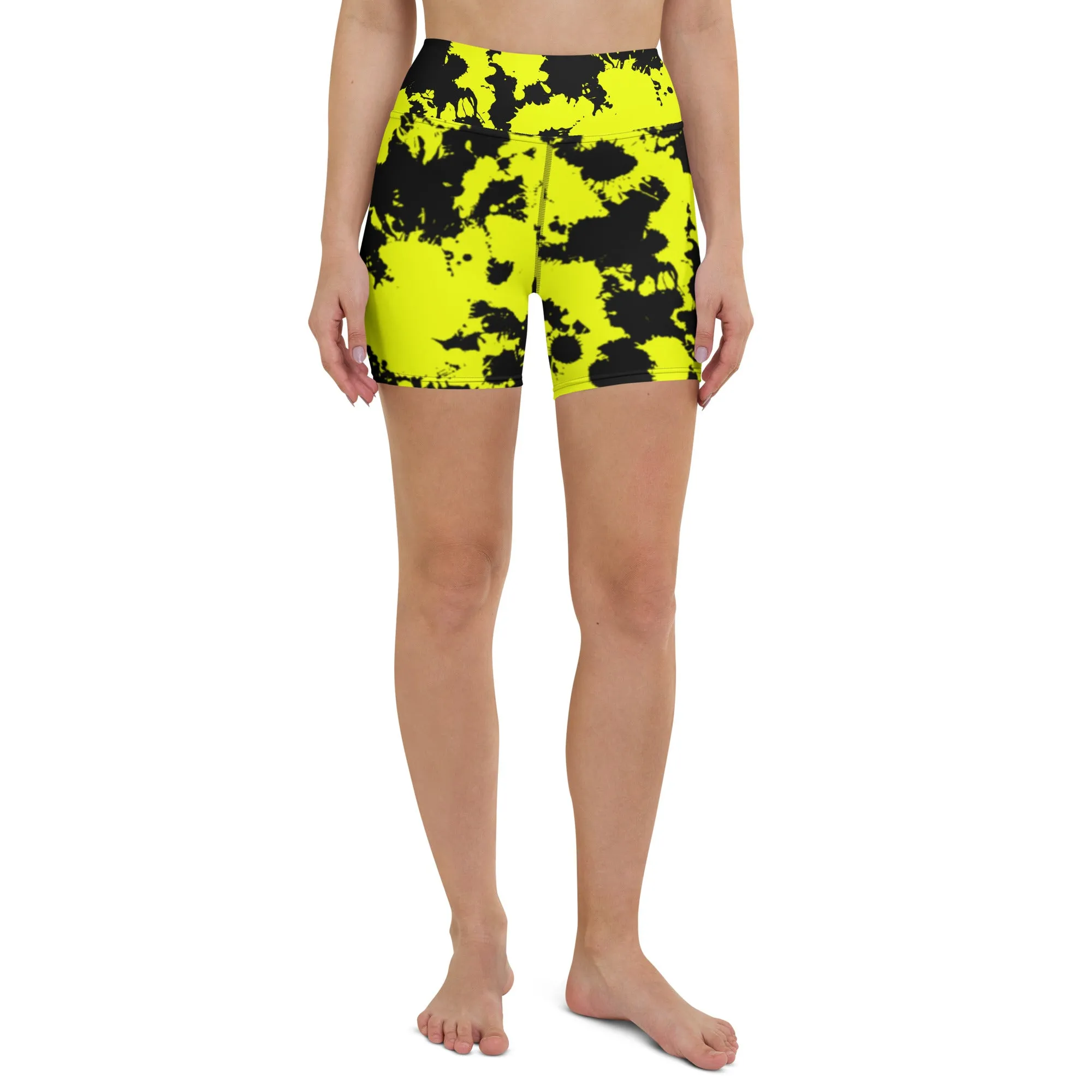 Yellow and Black Paint Splatter Rave Ready Yoga Shorts w/ Inside Pocket