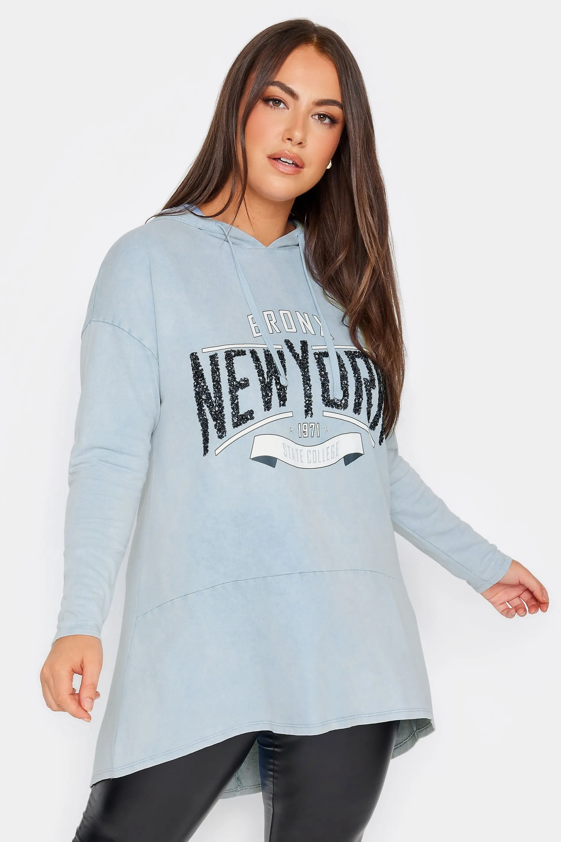 YOURS Curve Light Blue 'New York' Slogan Acid Wash Hoodie