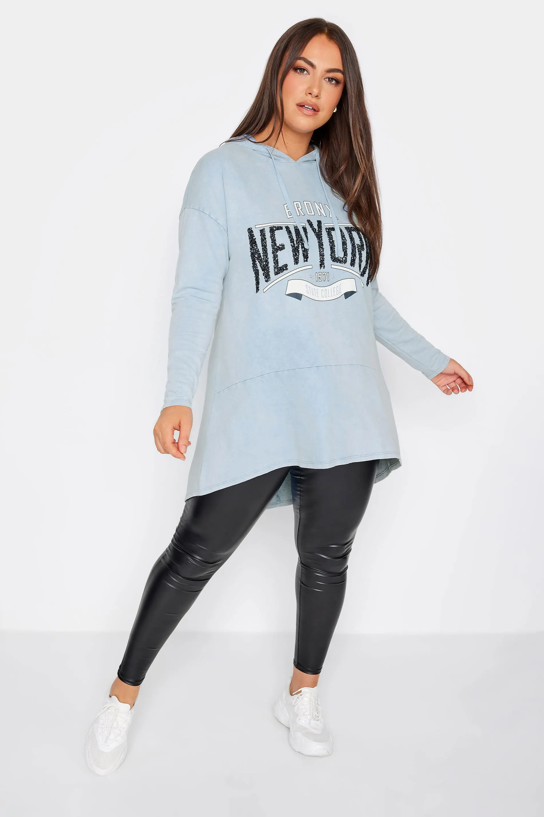 YOURS Curve Light Blue 'New York' Slogan Acid Wash Hoodie