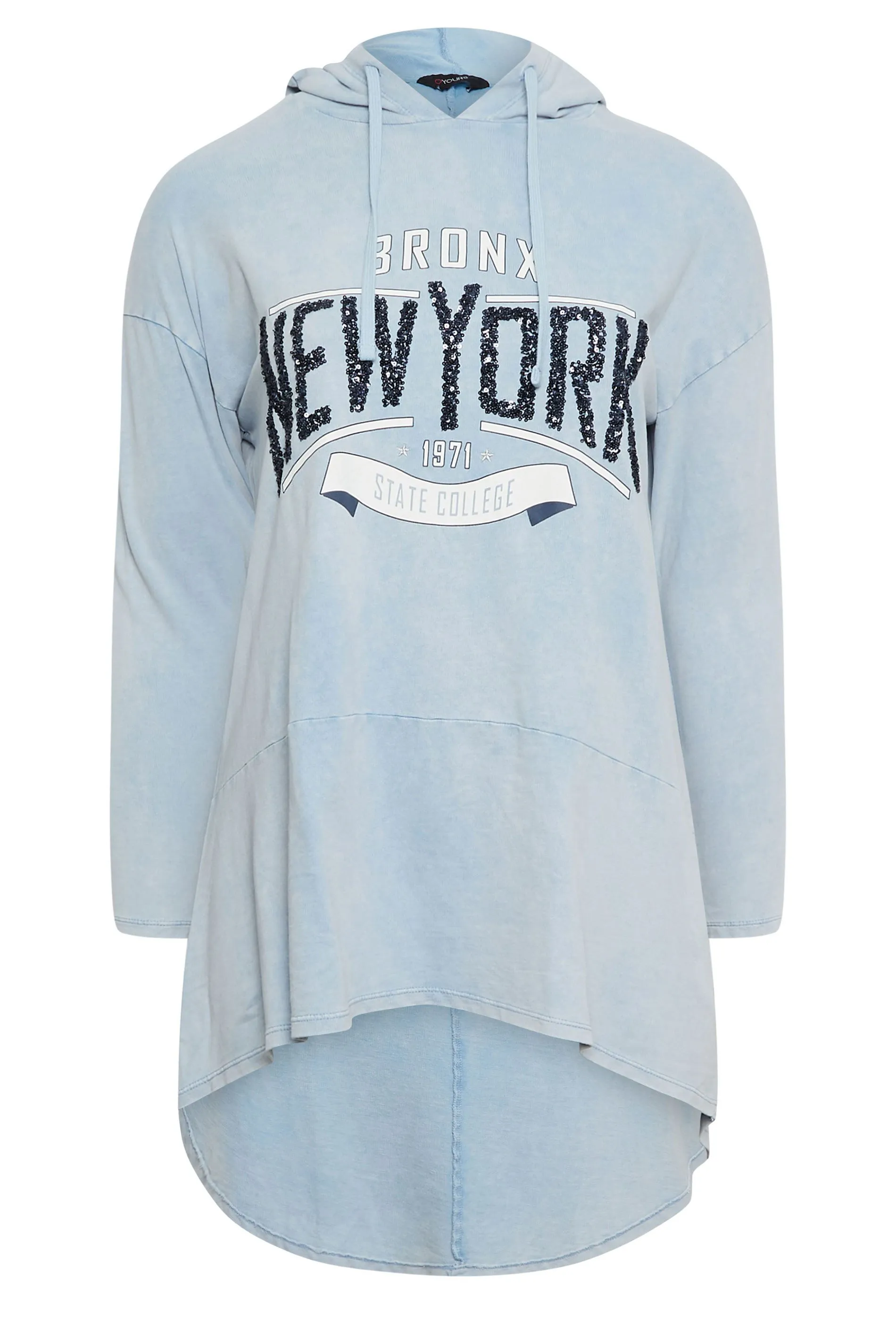 YOURS Curve Light Blue 'New York' Slogan Acid Wash Hoodie