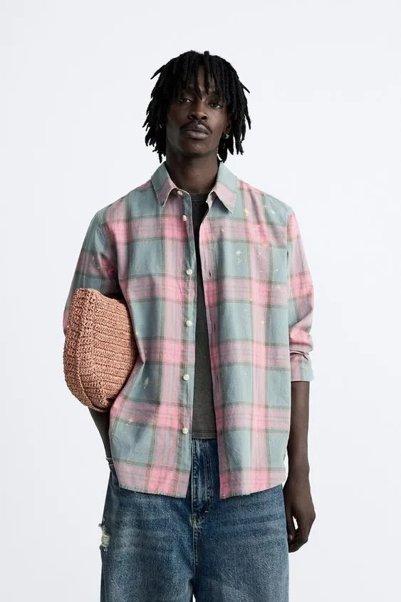 ZARA  |Other Plaid Patterns Linen Long Sleeves Cotton Shirts