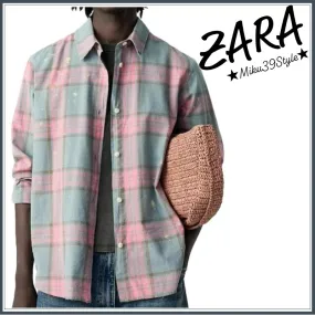 ZARA  |Other Plaid Patterns Linen Long Sleeves Cotton Shirts